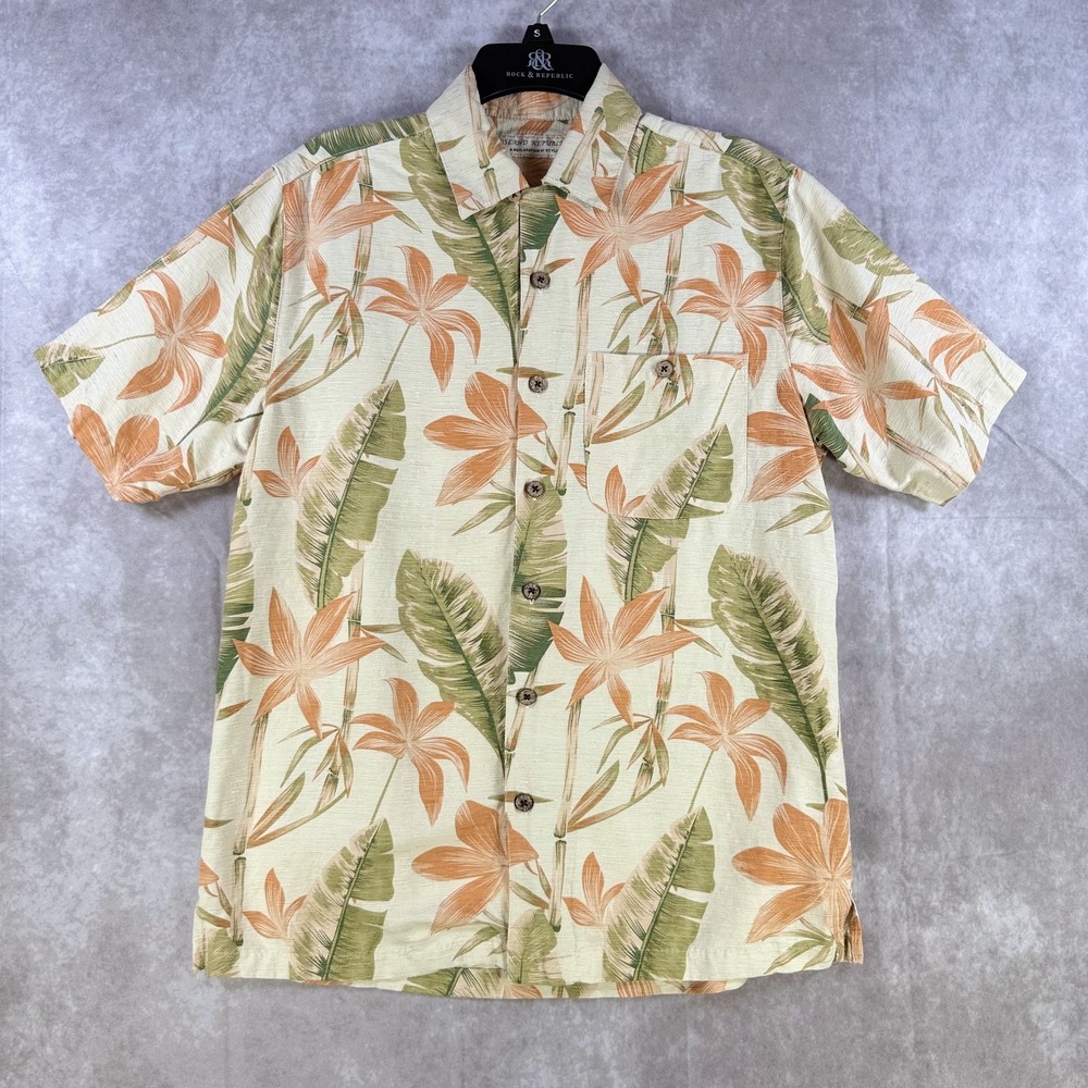 Island Republic Button Up Shirt Men Small Beige Floral Tropical Hawaiian Casual